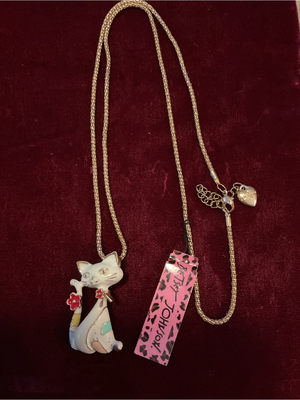NEW Betsey Johnson Gold-Tone Chain Cat Necklace with Pink Leopard Tag - Picture 1 of 7